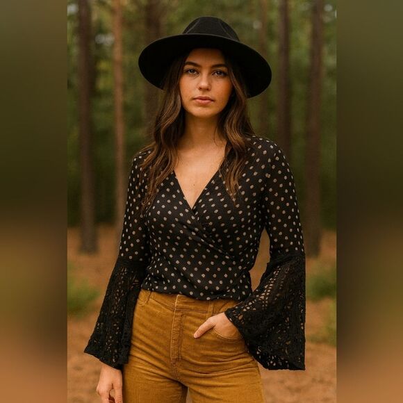 Black Floral Draped Wrap Peasant Blouse M Crochet Sleeves Greta Van Fleet Whimsy - Picture 1 of 7